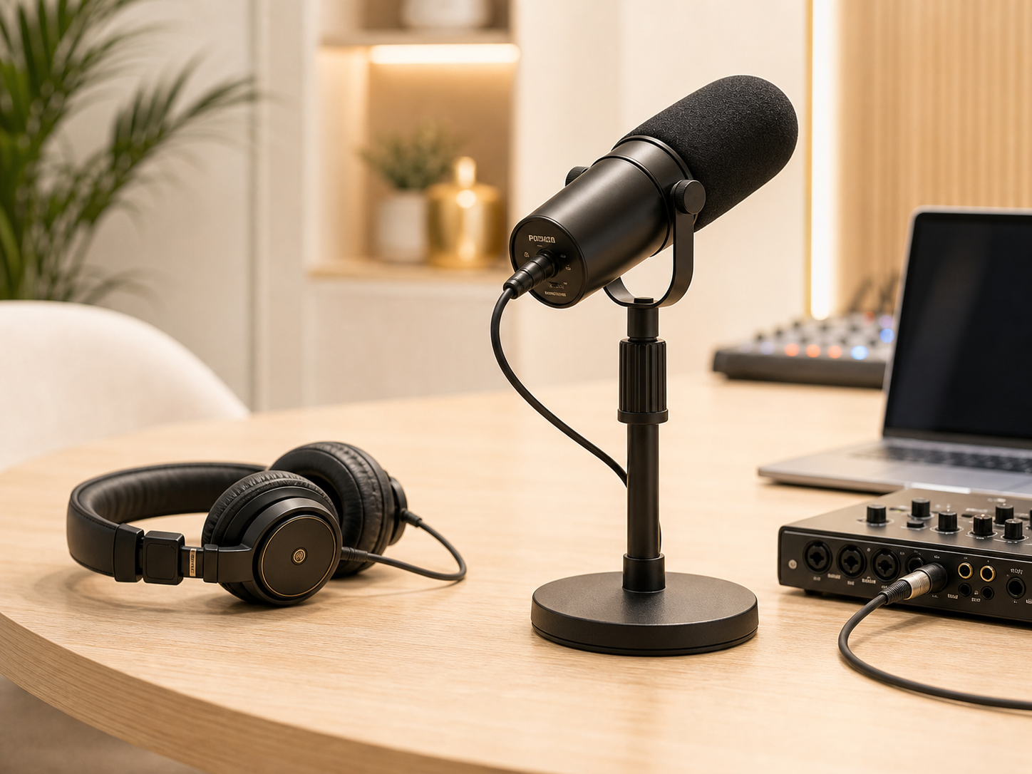 Equipamiento profesional de podcast utilizado en producciones corporativas