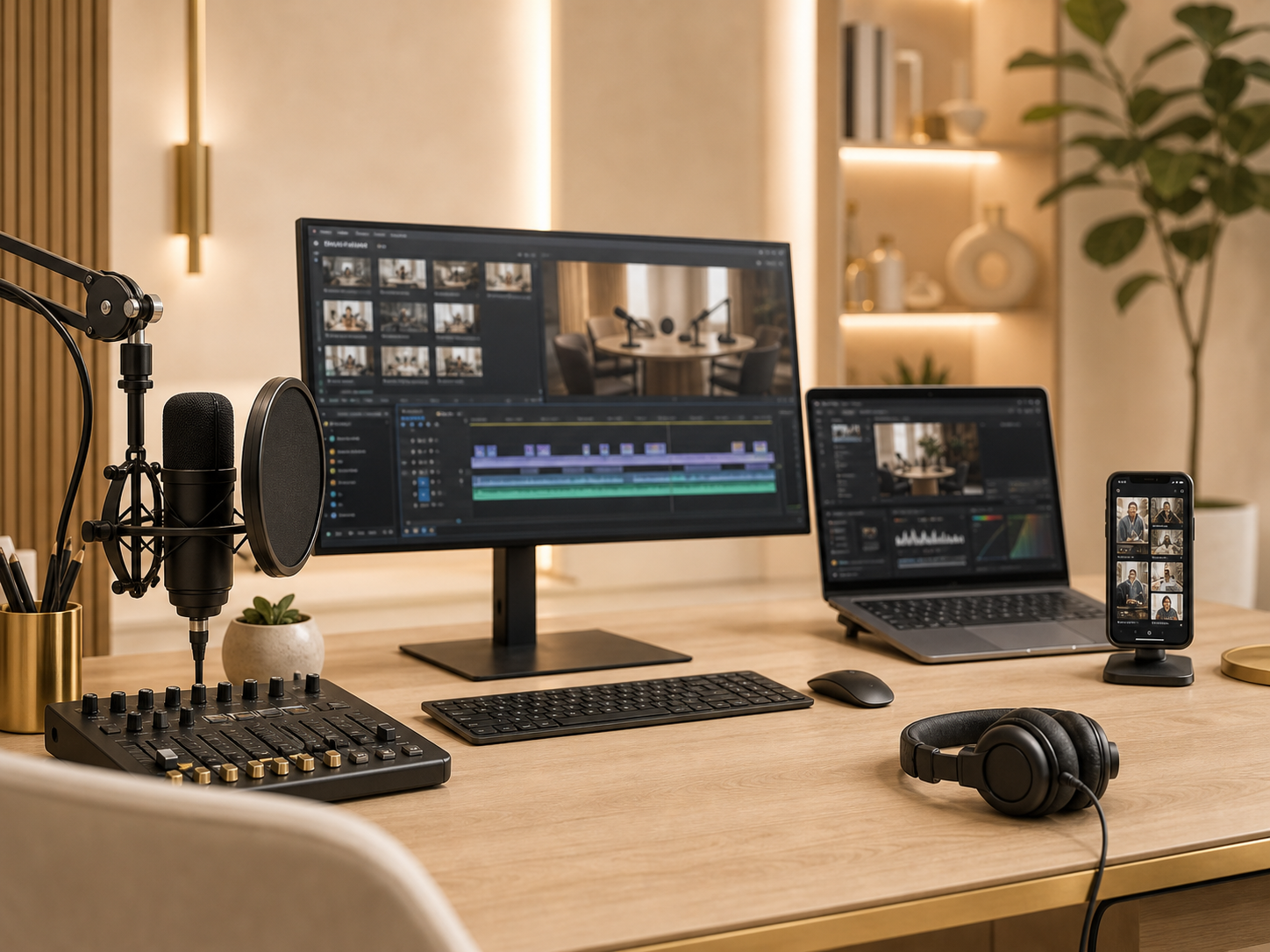 Mesa de postproducción con monitores, audio y edición de vídeo