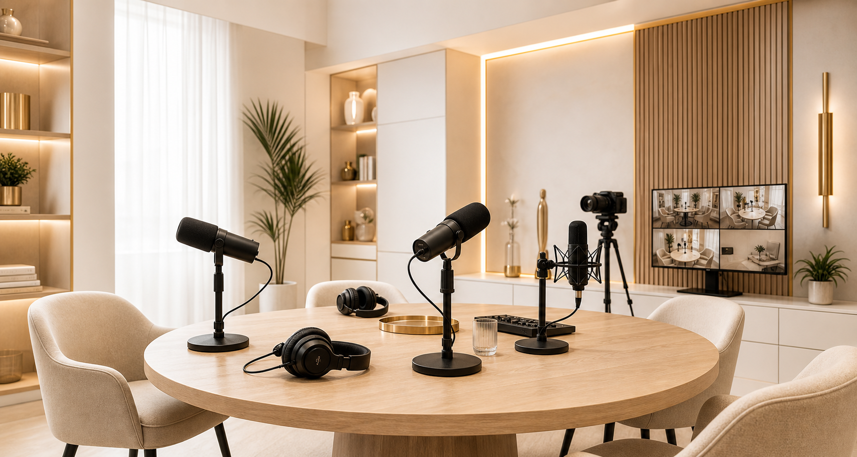 Estudio de grabación profesional con micrófonos, cámaras e iluminación cinematográfica